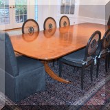 F01. Yew wood double pedestal dining table. 29&rdquo;h x 70&rdquo;w x 48&rdquo;d (2 leaves 24&rdquo; each) 